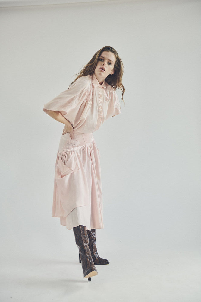 PINK SILK, COTTON AND LACE BLOUSE