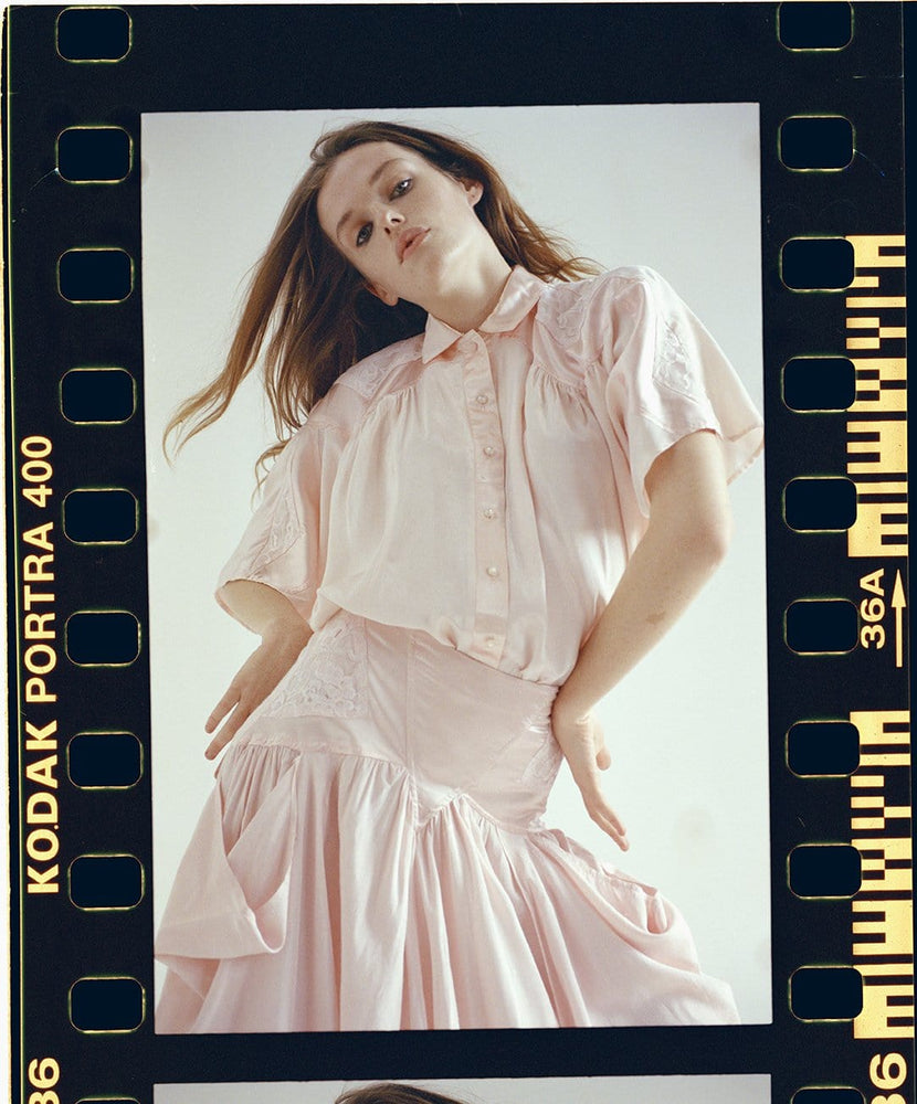 PALE PINK SILK, COTTON AND LACE BLOUSE