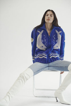 BOWIE & SINGER 'FISHY' COWICHAN-STYLE BLUE KNIT CARDIGAN